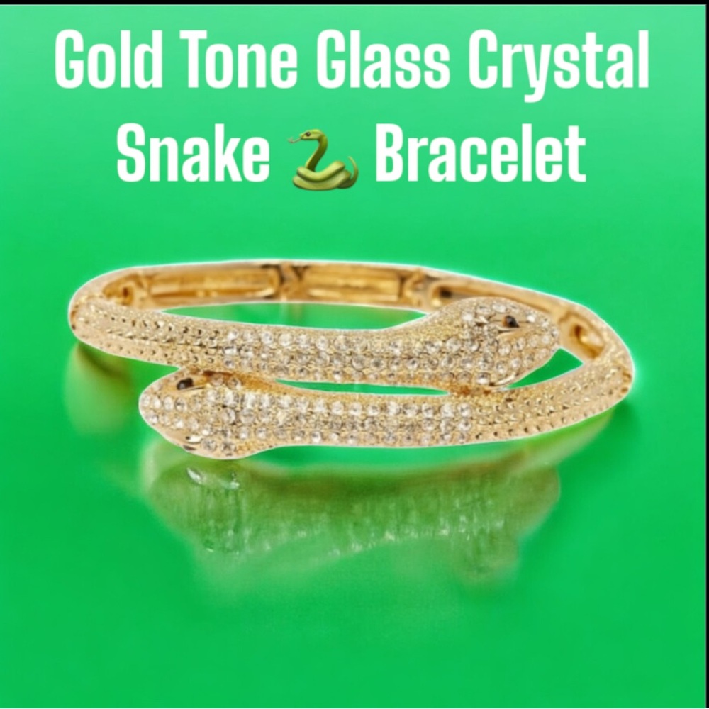 Snake ( Goldtone )  🐍 Adjustable Glass Crystal Bracelet NWOT
